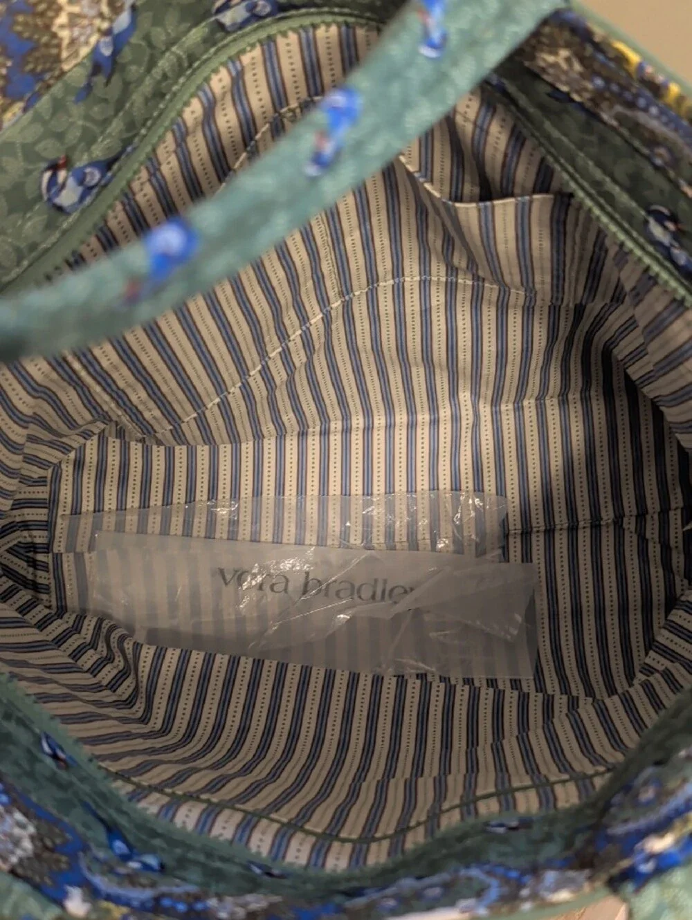Vera Bradley Green Birds Quilted Zip Tote with Blue Bird Print and Paisley Trim